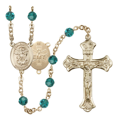 EMT 14kt Gold-filled 6mm Zircon Austrian Crystal beads with a flared crucifix rosary and St. Michael centerpiece with EMT symbol on back, Bliss Manufacturing