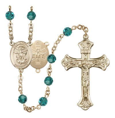 EMT 14kt Gold 6mm Zircon Austrian Crystal beads with a flared crucifix rosary and St. Michael centerpiece with EMT symbol on back, Bliss Manufacturing