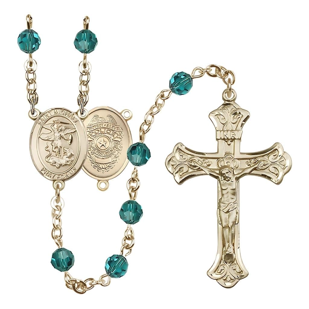 Bliss St. Michael with Police Officers Shield on Back Birthstone 14kt Gold Rosary with Zircon 6mm Austrian Crystal Beads