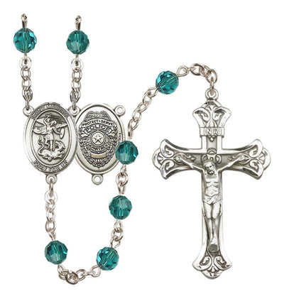 EMT Sterling Silver 6mm Zircon Austrian Crystal beads with a flared crucifix rosary and St. Michael centerpiece with EMT symbol on back, Bliss Manufacturing