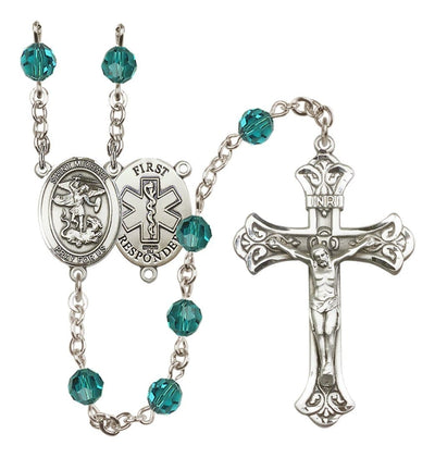 1st Responder Zircon Birthstone Crystal Sterling Silver Flared Crucifix Rosary, Bliss Manufacturing