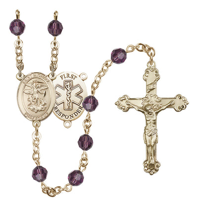 St. Michael The Archangel Set In 14kt Gold-Filled With Birthstone 6mm Austrian Crystal Aqua Beads For March in Amethyst, Bliss Manufacturing
