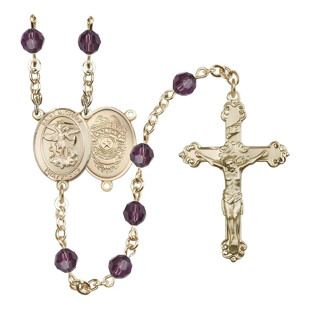Bliss Gold-filled St. Michael with Police Officers Birthstone Rosary with Amethyst 6mm Austrian Crystal Beads