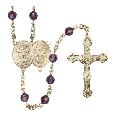 14kt Gold St. Michael with Police Officers Shield Birthstone Rosary with Amethyst 6mm Austrian Crystal Beads with a Detailed Crucifix, Bliss Manufacturing