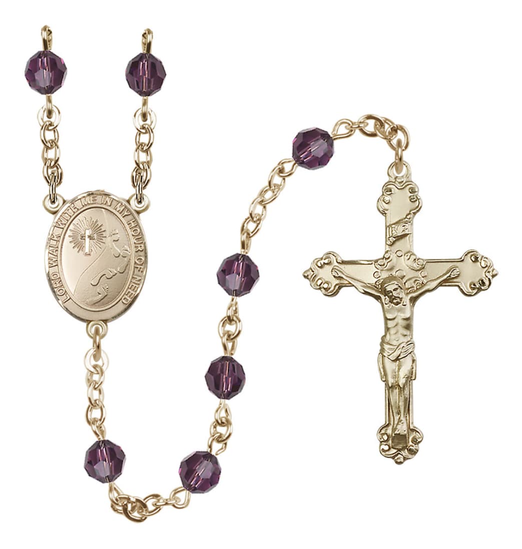 Amethyst February Birthstone Bliss Footprints Centerpiece 14kt Gold Austrian Crystal Rosary,