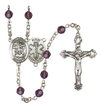 St. Michael The Archangel Set In Sterling Silver With Birthstone 6mm Austrian Crystal Amethyst Beads For February, Bliss Manufacturing
