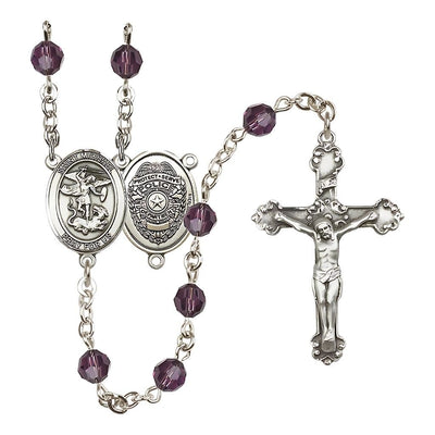 Police Officers St Michael Sterling Silver Crystal Rosary in Amethyst for February Birthstone, Bliss Manufacturing