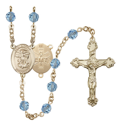 St. Michael EMT Gold-filled Crystal Rosary in Aqua, Bliss Manufacturing