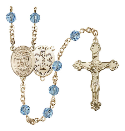 St. Michael The Archangel Set In 14kt Gold-Filled With Birthstone 6mm Austrian Crystal Clear Beads For April in Aqua, Bliss Manufacturing