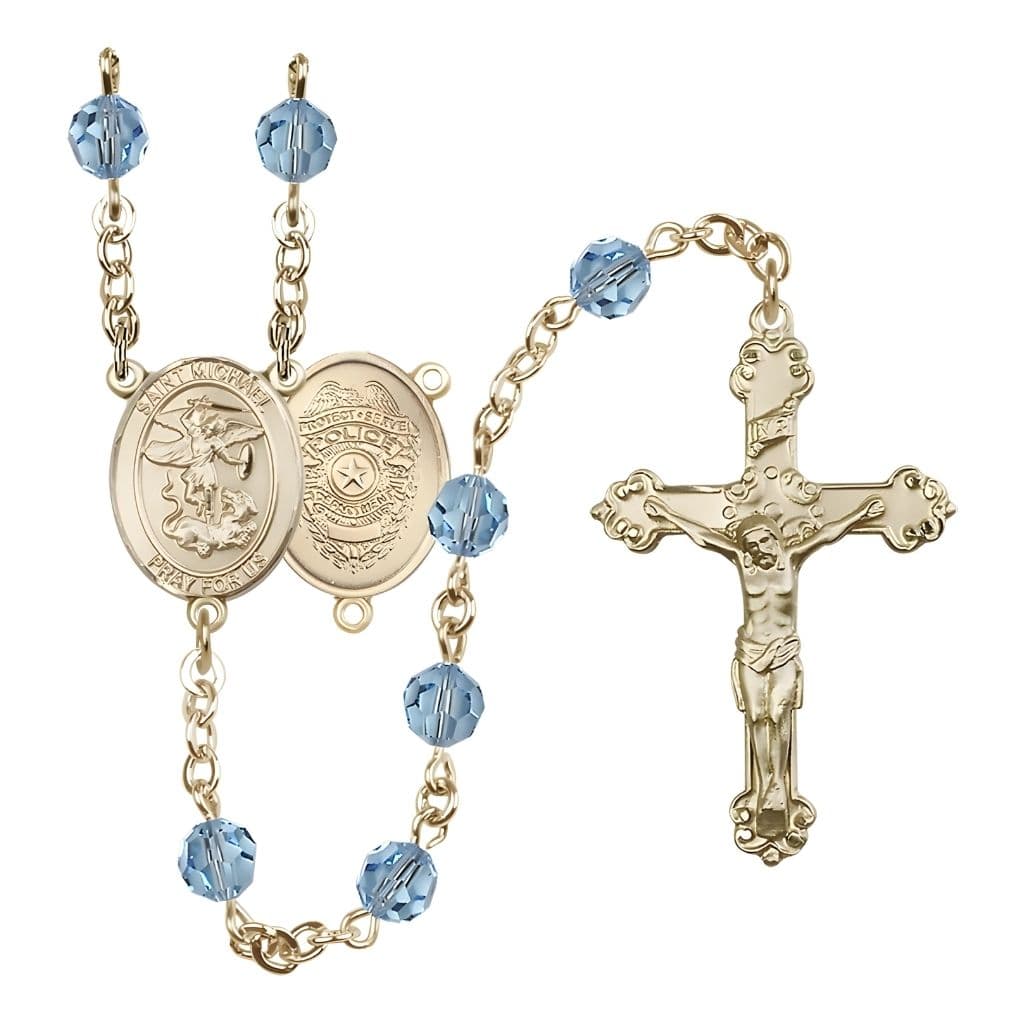 Bliss Gold-filled St. Michael with Police Officers Birthstone Rosary with Aqua 6mm Austrian Crystal Beads