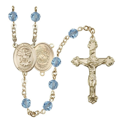 Gold-filled St. Michael with Police Officers Birthstone Rosary with Aqua 6mm Austrian Crystal Beads, Bliss Manufacturing