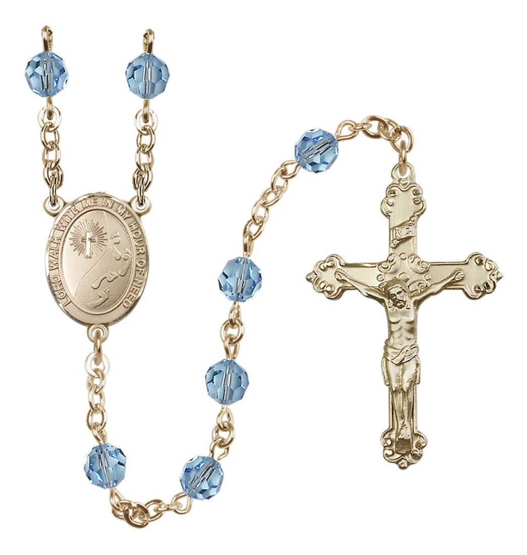 March Aqua Birthstone Bliss Footprints Centerpiece 14kt Gold Austrian Crystal Rosary,