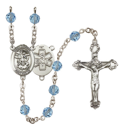 St. Michael EMT Sterling Silver Crystal Rosary in Aqua, Bliss Manufacturing