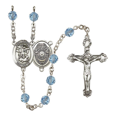 Police Officers St Michael Sterling Silver Crystal Rosary in Aqua for March Birthstone, Bliss Manufacturing