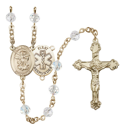 St. Michael The Archangel Set In 14kt Gold With Birthstone 6mm Austrian Crystal Clear Beads For April, Bliss Manufacturing