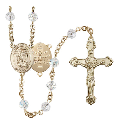St. Michael EMT 14kt Gold Crystal Rosary, Bliss Manufacturing