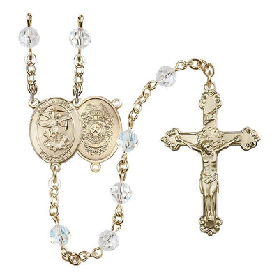 14kt Gold St. Michael with Police Officers Shield Birthstone Rosary with Clear 6mm Austrian Crystal Beads with a Detailed Crucifix, Bliss Manufacturing