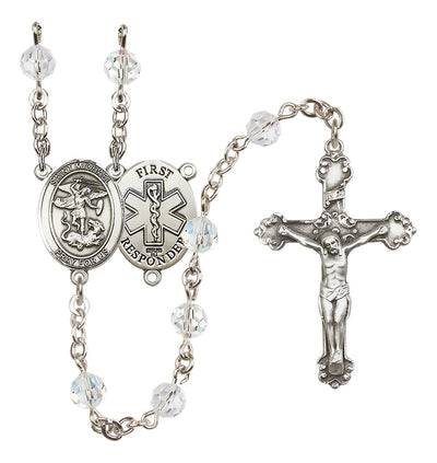 St. Michael The Archangel Set In Sterling Silver With Birthstone 6mm Austrian Crystal Clear Beads For April, Bliss Manufacturing