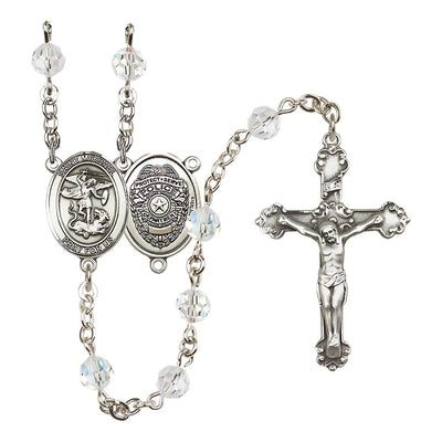 Police Officers St Michael Sterling Silver Crystal Rosary Clear for April Birthstone, Bliss Manufacturing