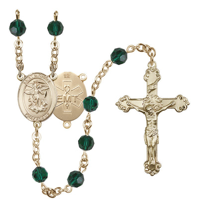 St. Michael EMT Gold-filled Crystal Rosary in Emerald, Bliss Manufacturing