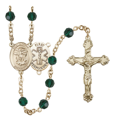 St. Michael The Archangel Set In 14kt Gold-Filled With Birthstone 6mm Austrian Crystal Light Amethyst Beads For June in Emerald, Bliss Manufacturing