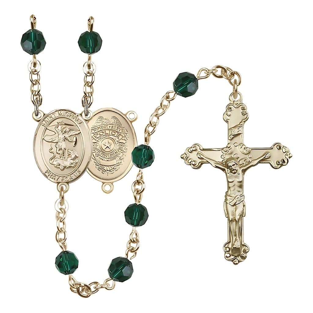 Bliss Gold-filled St. Michael with Police Officers Birthstone Rosary with Emerald 6mm Austrian Crystal Beads