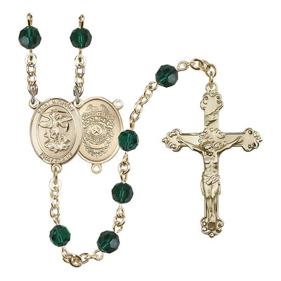 14kt Gold St. Michael with Police Officers Shield Birthstone Rosary with Emerald 6mm Austrian Crystal Beads with a Detailed Crucifix, Bliss Manufacturing