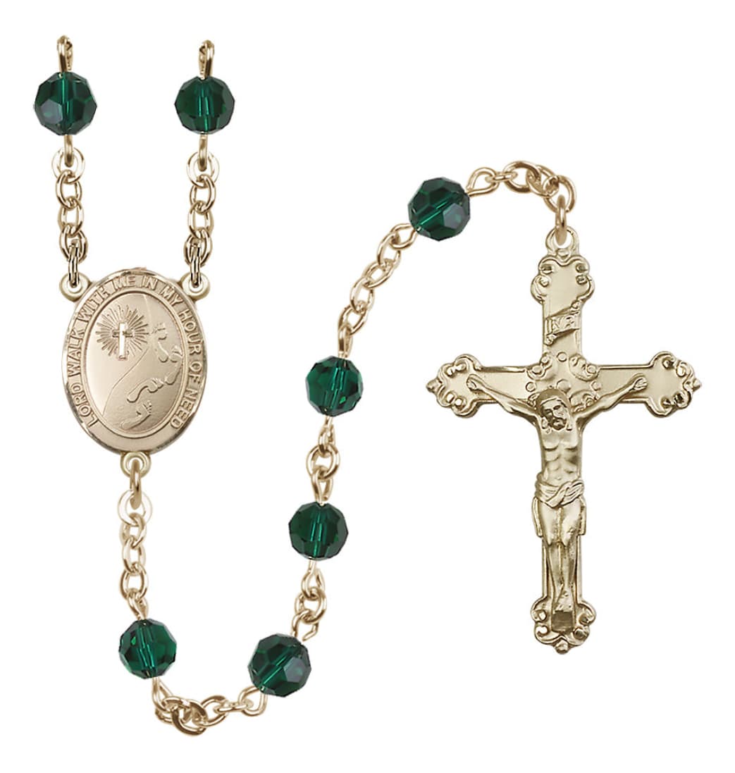 May Emerald Birthstone Bliss Footprints Centerpiece 14kt Gold Austrian Crystal Rosary,