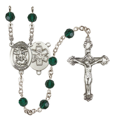 St. Michael EMT Sterling Silver Crystal Rosary in Emerald, Bliss Manufacturing