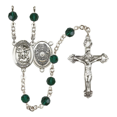 Police Officers St Michael Sterling Silver Crystal Rosary in Emerald for May Birthstone, Bliss Manufacturing