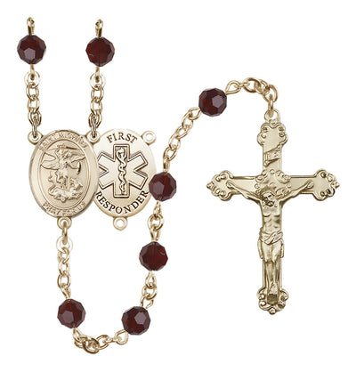 St. Michael The Archangel Set In 14kt Gold-Filled With Birthstone 6mm Austrian Crystal Amethyst Beads For February in Garnet, Bliss Manufacturing