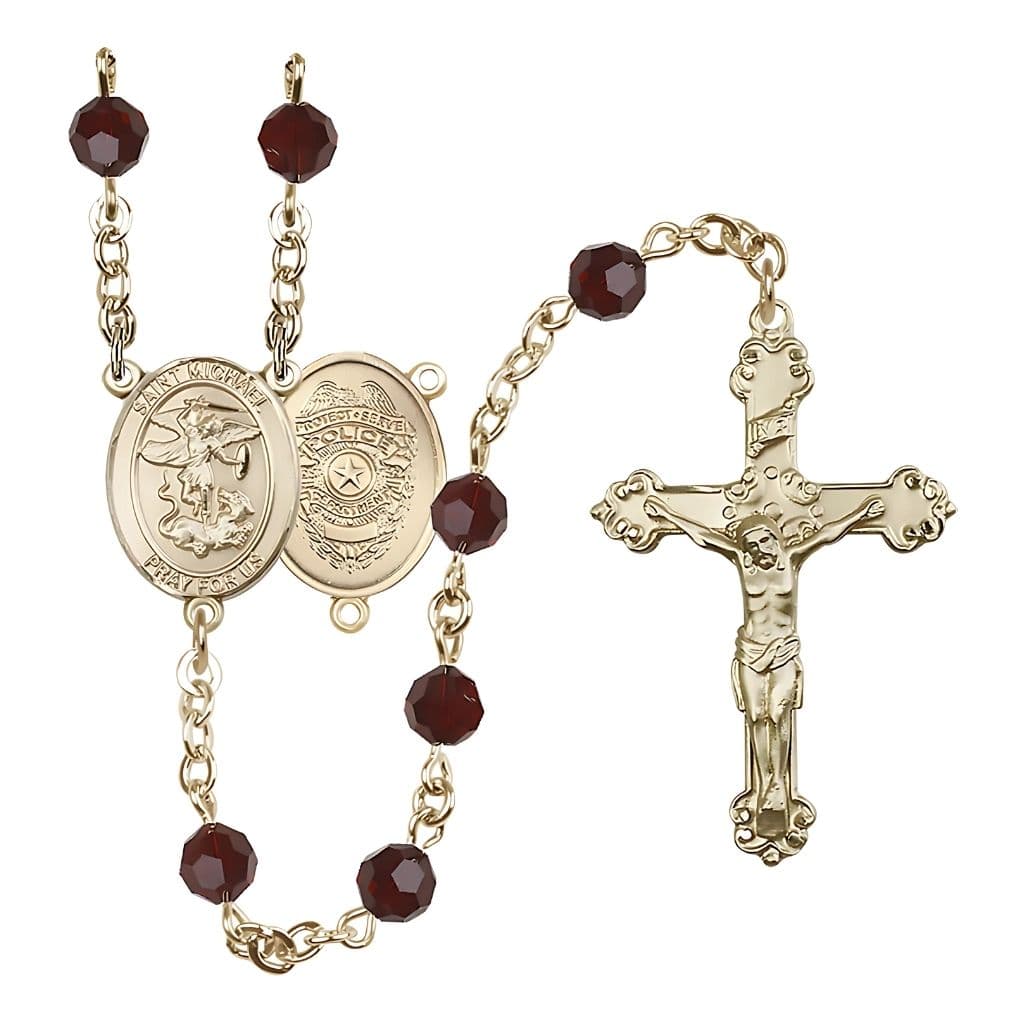 Bliss 14kt Gold St. Michael with Police Officers Shield Birthstone Rosary with Garnet 6mm Austrian Crystal Beads with a Detailed Crucifix