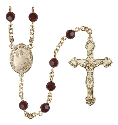 Garnet Birthstone Footprints Centerpiece 14kt Gold Austrian Crystal Rosary, Bliss Manufacturing