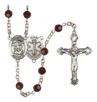 St. Michael The Archangel Set In Sterling Silver With Birthstone 6mm Austrian Crystal Garnet Beads For January, Bliss Manufacturing