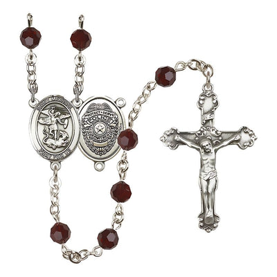 Police Officers St Michael Sterling Silver Crystal Rosary in Garnet for January Birthstone, Bliss Manufacturing