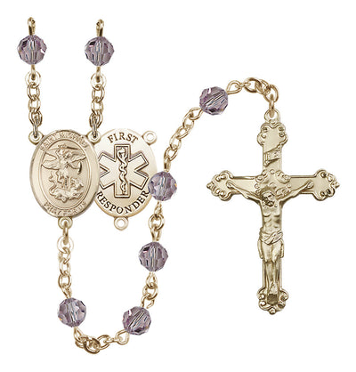 St. Michael The Archangel Set In 14kt Gold-Filled With Birthstone 6mm Austrian Crystal Ruby Beads For July in Light Amethyst, Bliss Manufacturing