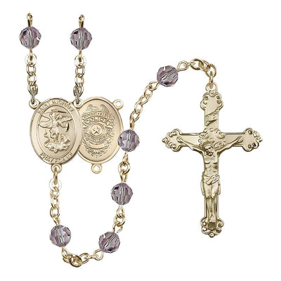 14kt Gold St. Michael with Police Officers Shield Birthstone Rosary with Light Amethyst 6mm Austrian Crystal Beads with a Detailed Crucifix, Bliss Manufacturing