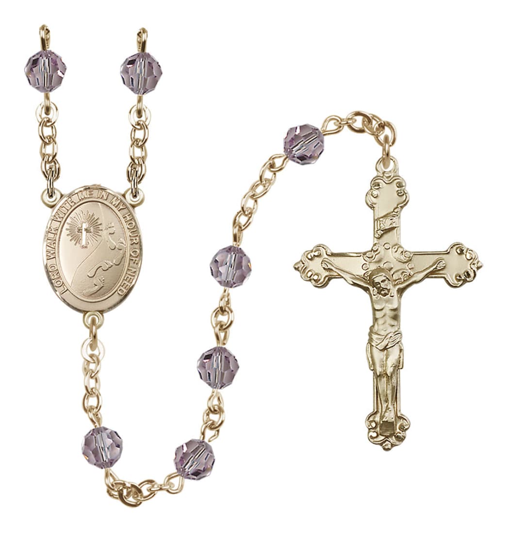 Light Amethyst June Birthstone Bliss Footprints Centerpiece 14kt Gold Austrian Crystal Rosary,