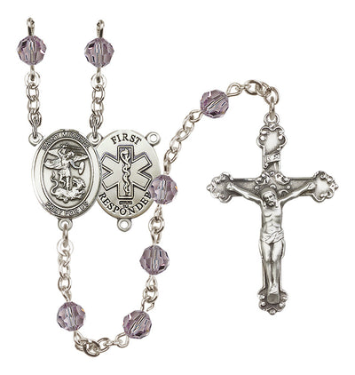 St. Michael The Archangel Set In Sterling Silver With Birthstone 6mm Austrian Crystal Light Amethyst Beads For June, Bliss Manufacturing