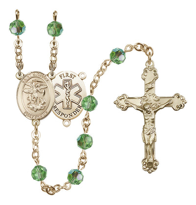 St. Michael The Archangel Set In 14kt Gold With Birthstone 6mm Austrian Crystal Peridot Beads For August, Bliss Manufacturing