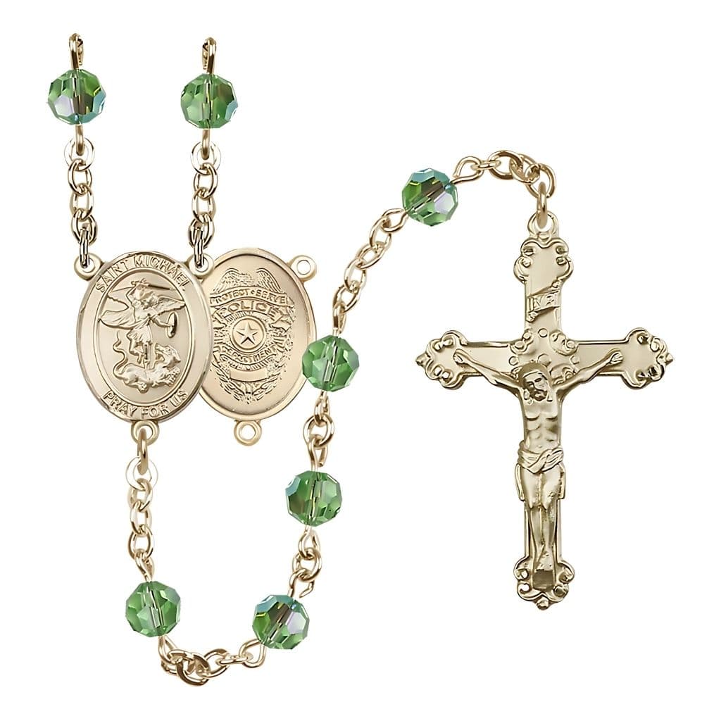 Bliss Gold-filled St. Michael with Police Officers Birthstone Rosary with Peridot 6mm Austrian Crystal Beads