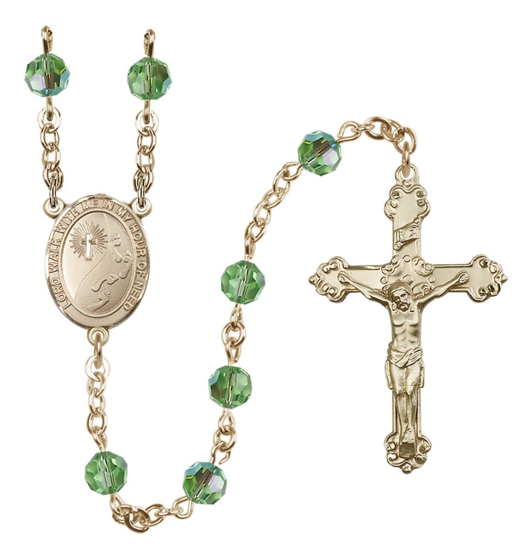 August Peridot Birthstone Bliss Footprints Centerpiece 14kt Gold Austrian Crystal Rosary,