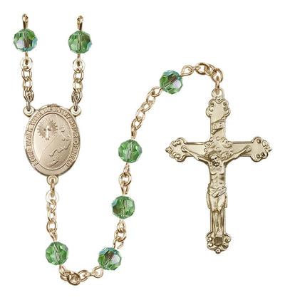 August Peridot Birthstone Footprints Centerpiece 14kt Gold Austrian Crystal Rosary, Bliss Manufacturing