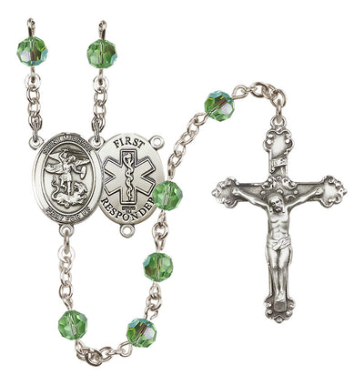 St. Michael The Archangel Set In Sterling Silver With Birthstone 6mm Austrian Crystal Peridot Beads For August, Bliss Manufacturing