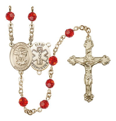 St. Michael The Archangel Set In 14kt Gold With Birthstone 6mm Austrian Crystal Ruby Beads For July, Bliss Manufacturing
