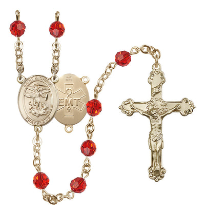St. Michael EMT 14kt Gold Crystal Rosary in Ruby, Bliss Manufacturing
