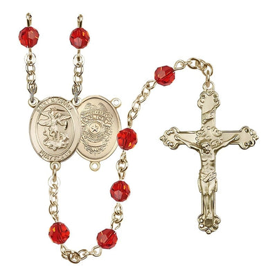 14kt Gold St. Michael with Police Officers Shield Birthstone Rosary with Ruby 6mm Austrian Crystal Beads with a Detailed Crucifix, Bliss Manufacturing