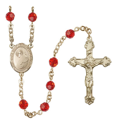 July Ruby Birthstone Footprints Centerpiece 14kt Gold Austrian Crystal Rosary, Bliss Manufacturing