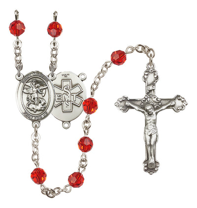St. Michael EMT Sterling Silver Crystal Rosary in Ruby, Bliss Manufacturing