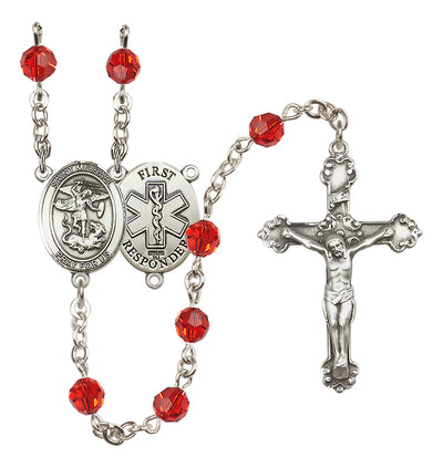 St. Michael The Archangel Set In Sterling Silver With Birthstone 6mm Austrian Crystal Ruby Beads For July, Bliss Manufacturing
